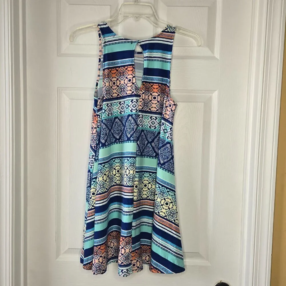 Planet Gold Girl Blue Navy Rugby Combo Multi-Color Keyhole Back Flare Dress Sz S